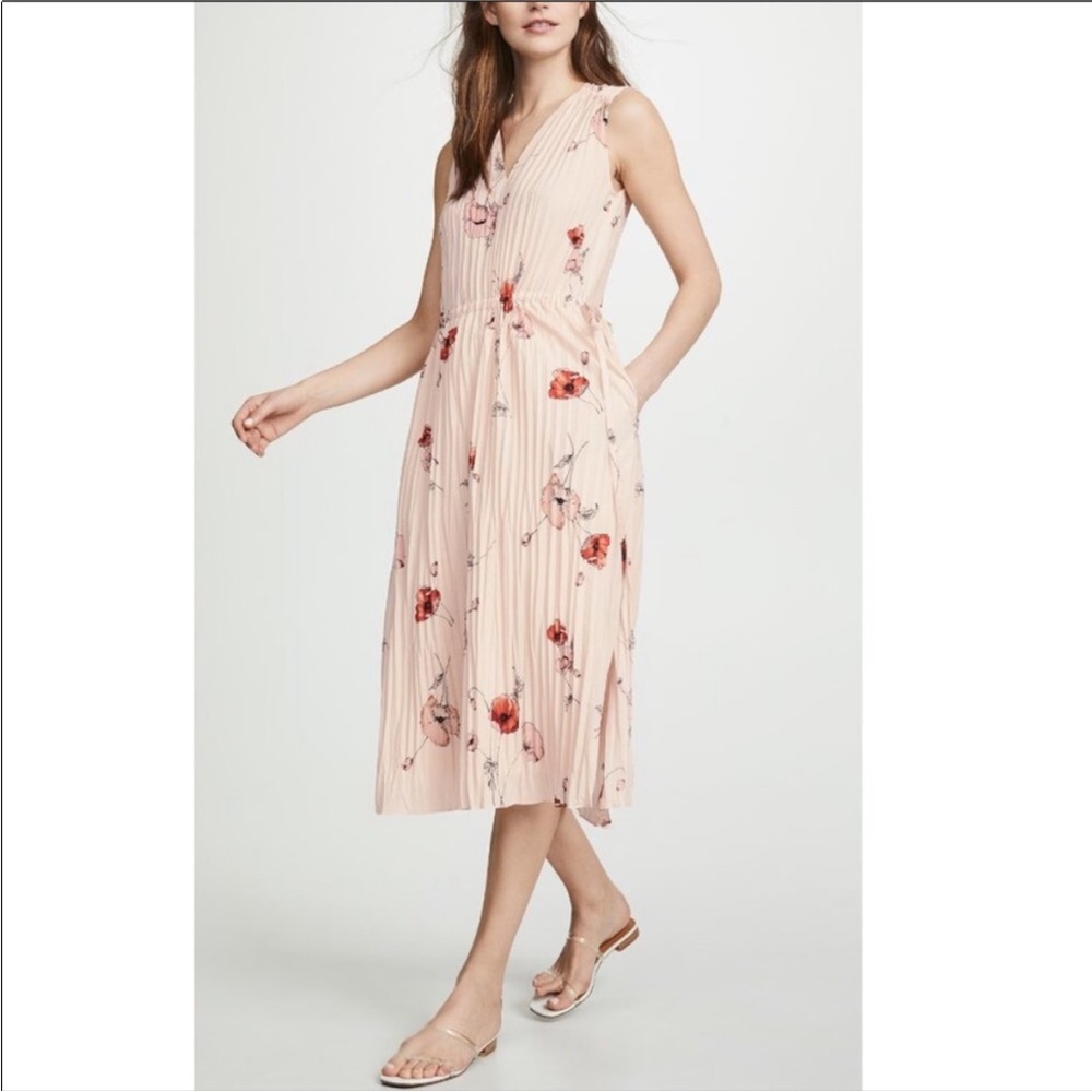 VINCE Tossed Poppy Accordion Pleat Midi Dress Floral Sleeveless S Pink